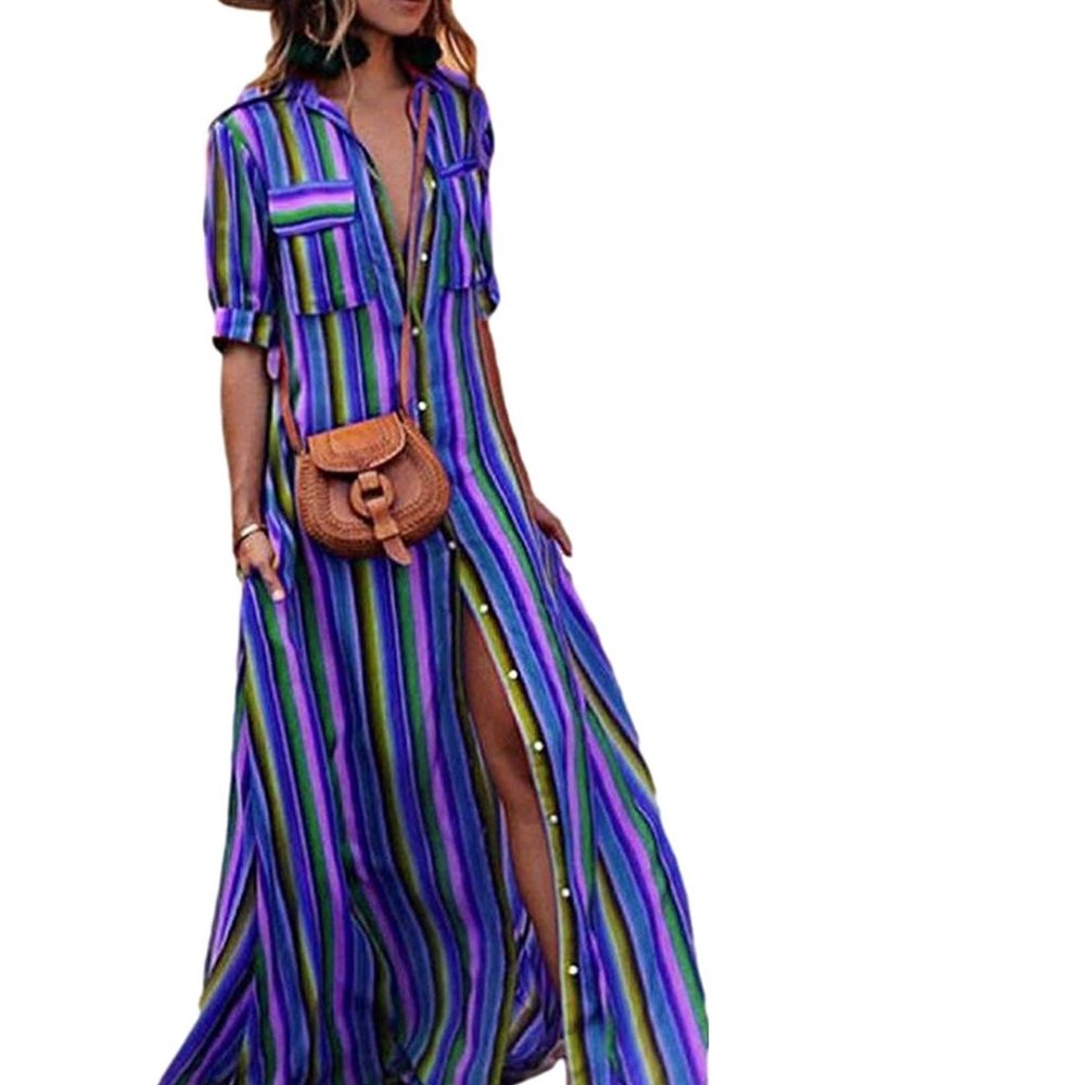 Button Down Maxi Dress Rainbow Striped  S